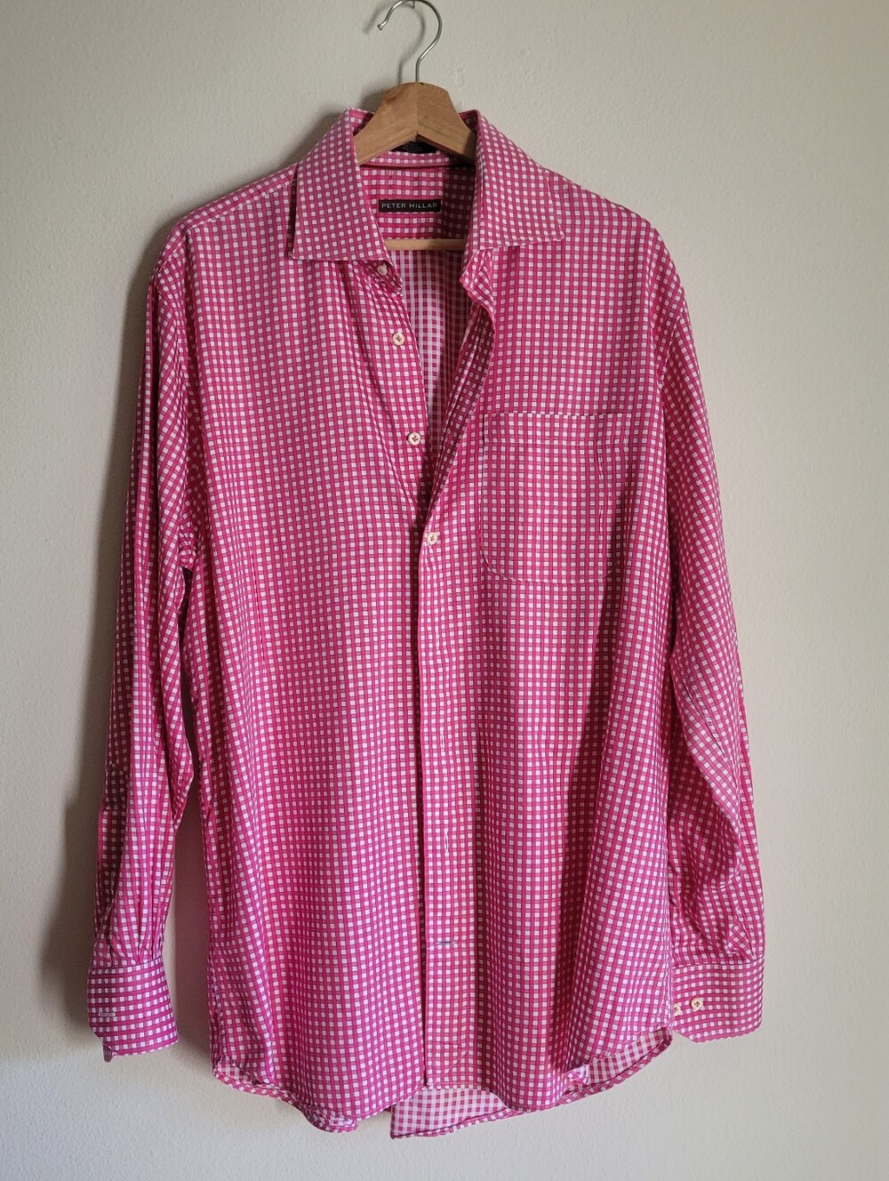 Peter Millar Pink Gingham Checked Button Down Dress Shirt Men’s L 100% Cotton